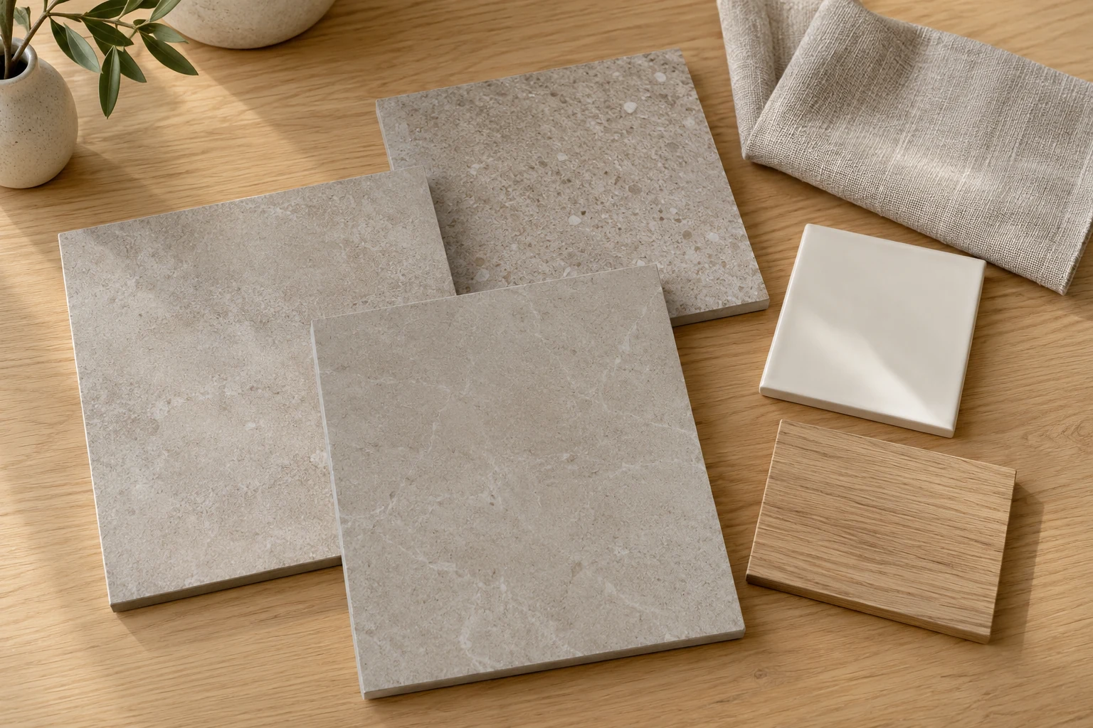 Kakelprover i grått, vitt och trä som exempel på materialval